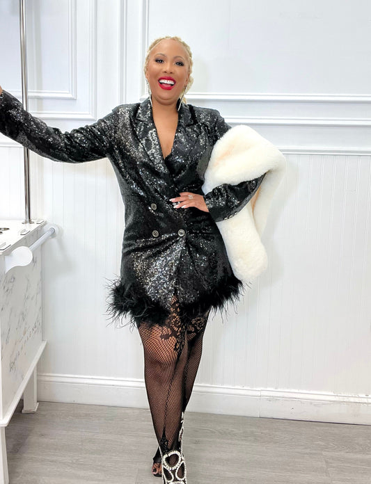 BLACK SPARKLY SEQUIN BLAZER/DRESS EMBELLISHED WITH FAUX
